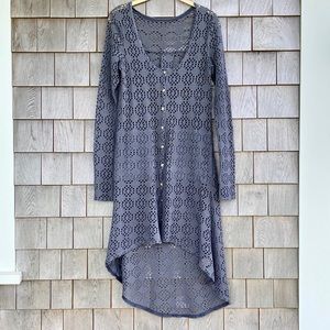 Crocheted Button Down Cardigan, Grey, Long